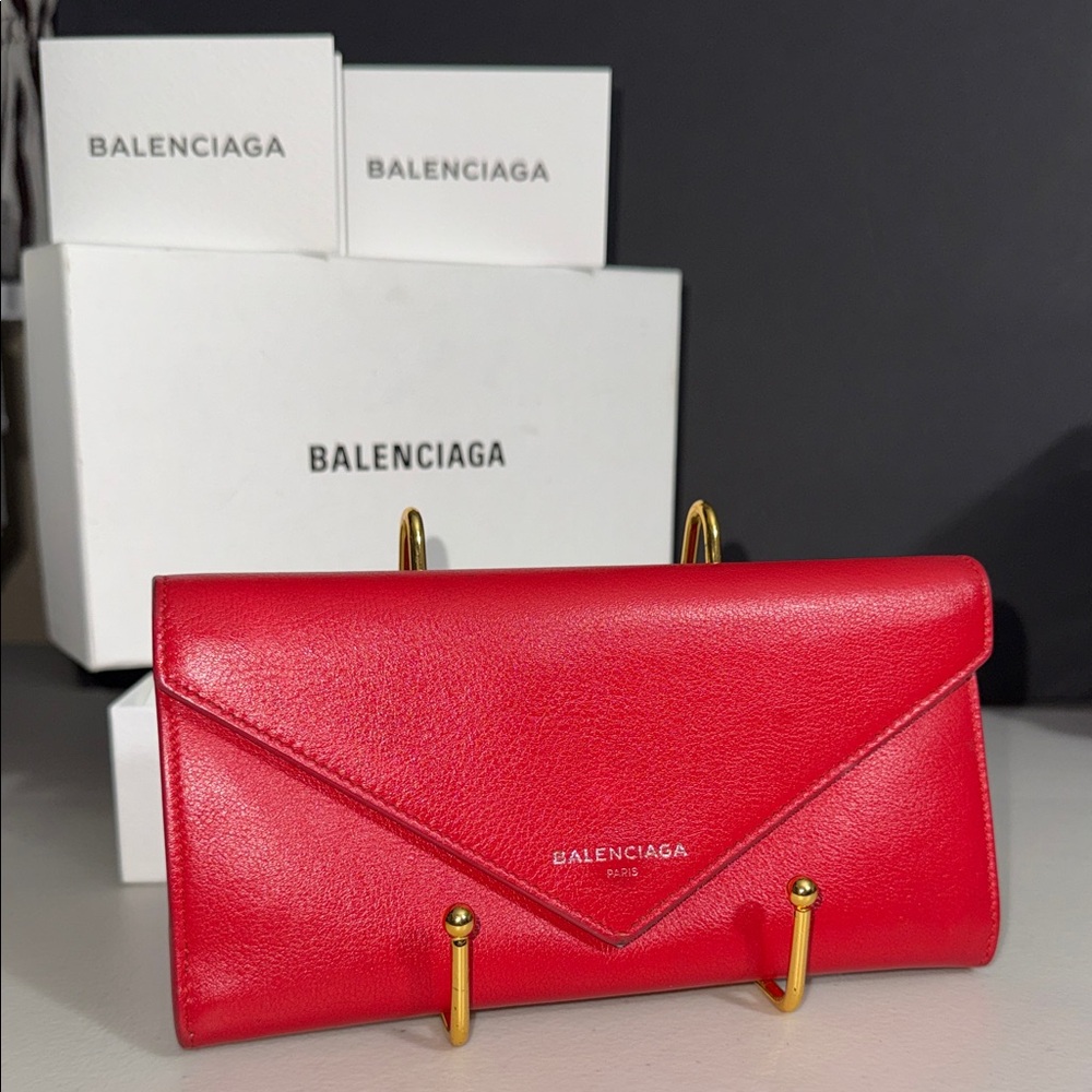 Balenciaga Vibrant Red Envelope Clutch gorgeous leather wallet in box